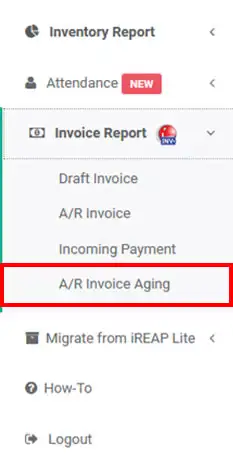 A/R Invoice Aging report menu IREAP INVOICE via web admin