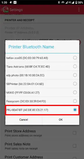 selecting the bluetooth printer