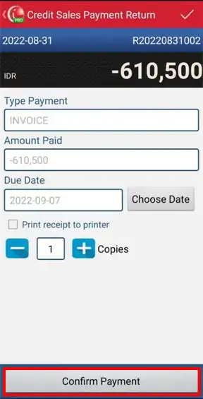 Confirm return transaction using payment method credit sales in mobile cashier android iREAP POS PRO