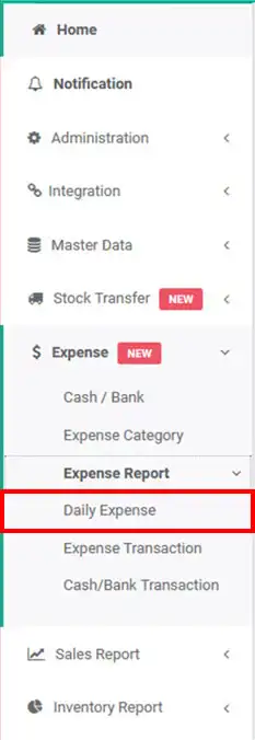 Daily expense menu in mobile cashier android iREAP POS PRO via web admin