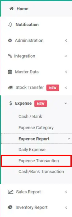 Expense transaction menu in mobile cashier android iREAP POS PRO via web admin
