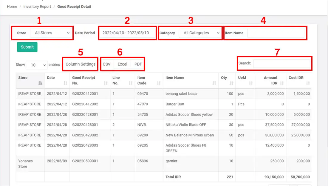 Goods Receipt Detail Report on mobile cashier android iREAP POS PRO Web Admin