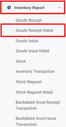 Goods Receipt Detail Report Menu on mobile cashier android iREAP POS PRO Web Admin