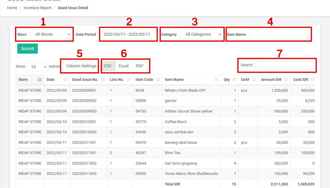 Goods Issue Detail Report on mobile cashier android iREAP POS PRO Web Admin