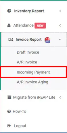 Incoming payment report menu in mobile cashier android iREAP POS PRO via web admin