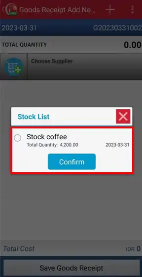 Save goods receipt on mobile cashier android iREAP POS PRO