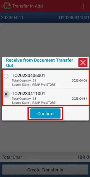 Choose Transfer Out Document on iREAP POS PRO