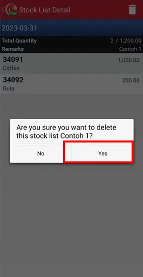 Confirmation delete stock list in mobile cashier android iREAP POS Pro via mobile