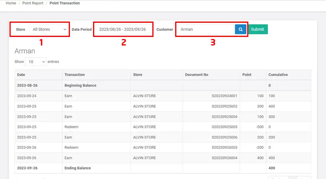 Point transaction report in mobile cashier android iREAP POS PRO via web admin