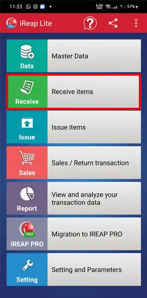 Receive Item menu in mobile cashier android iREAP POS Lite