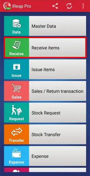 Receive Items menu on mobile cashier android iREAP POS PRO