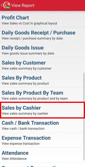Sales by cashier menu on mobile cashier iREAP POS PRO