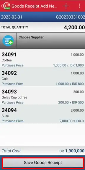 Save goods receipt on mobile cashier android iREAP POS PRO