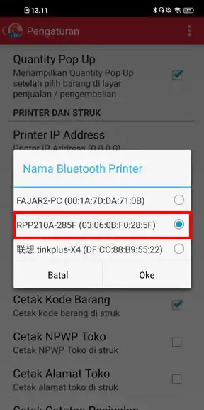 Pilih Nama Bluetooth Printer, lalu pilih printernya setelah dipilih tekan OK