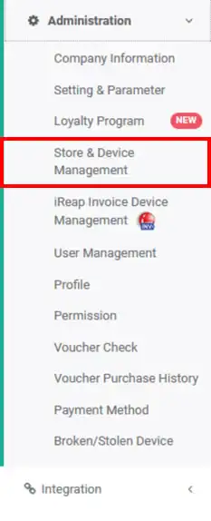 Store device management menu in iREAP POS PRO via web admin