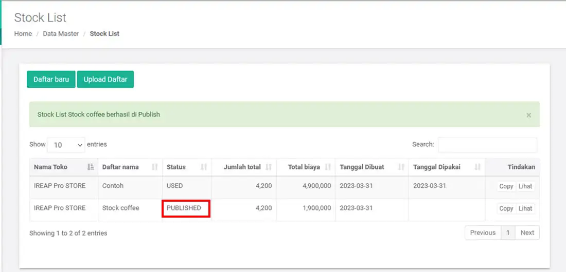 Status data stock list telah dipublish Pada Aplikasi Kasir Android iREAP POS PRO via Web Admin