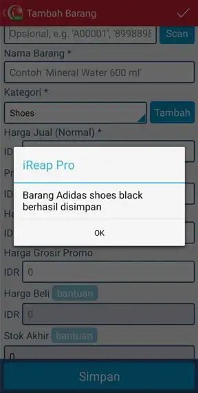 Berhasil menambah barang iREAP PRO