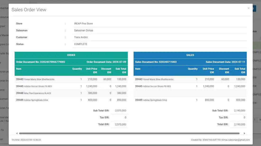 sales order detail report in iREAP POS PRO via web admin