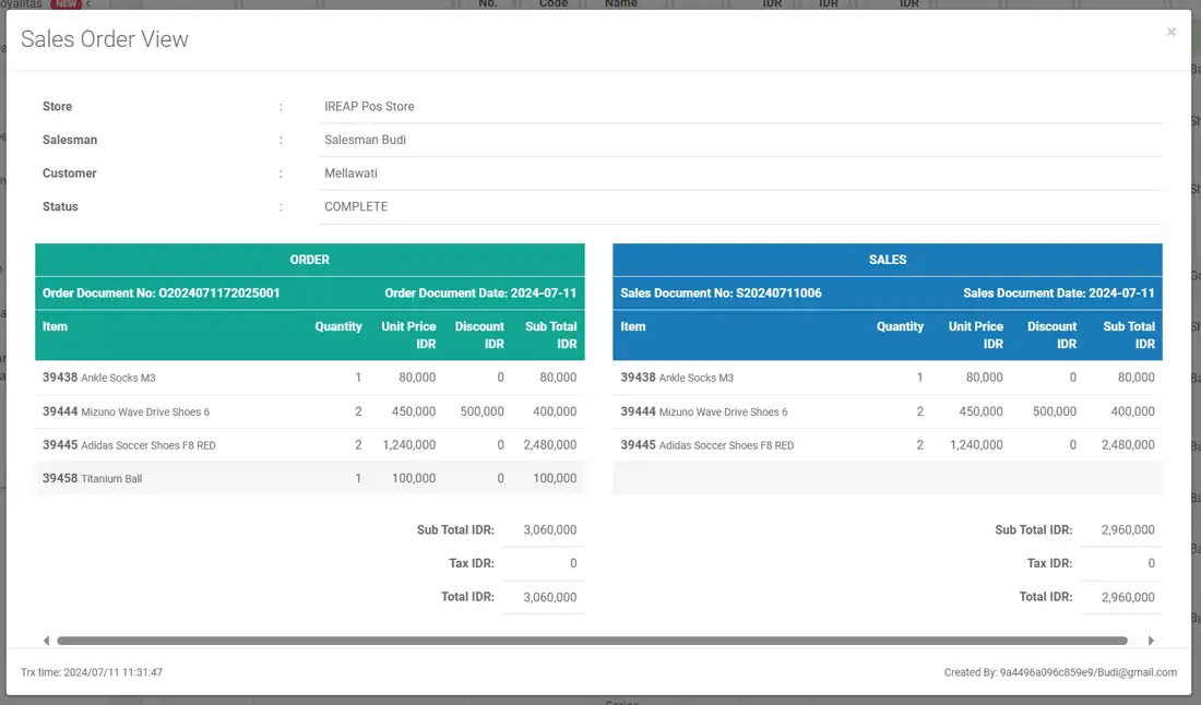 Detail laporan view transaksi pesanan penjualan di aplikasi kasir android iREAP POS PRO via web admin