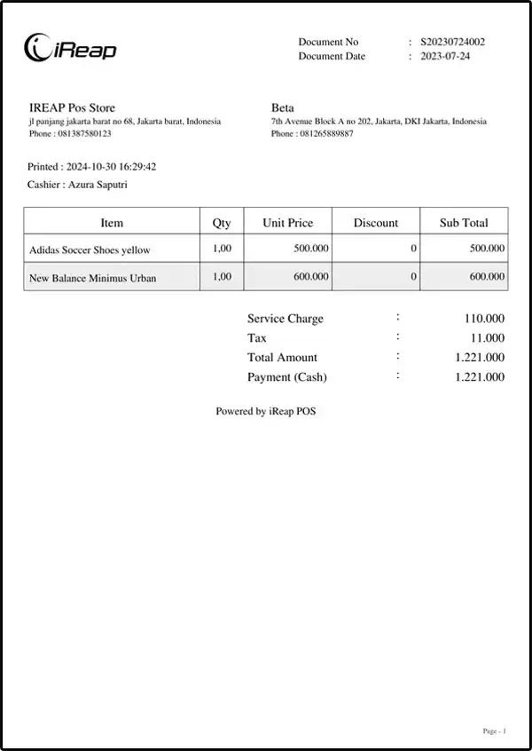 Here is the A4 sized receipt display using iREAP POS PRO