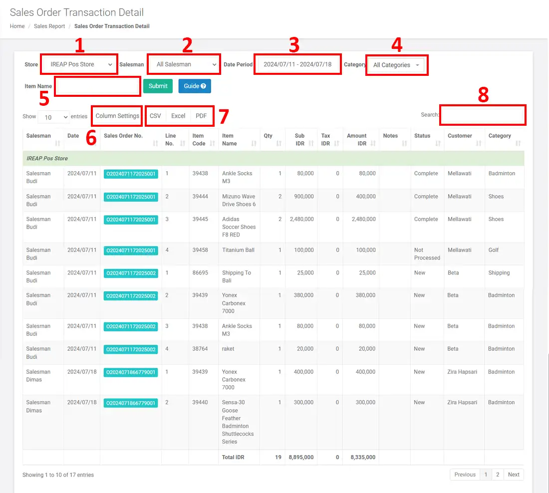 Sales order transaction details report on mobile cashier android iREAP POS PRO via web admin