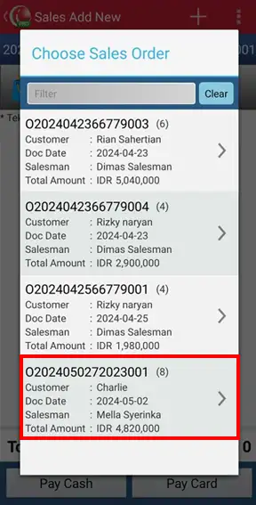 Choose list sales order in mobile cashier android iREAP PRO