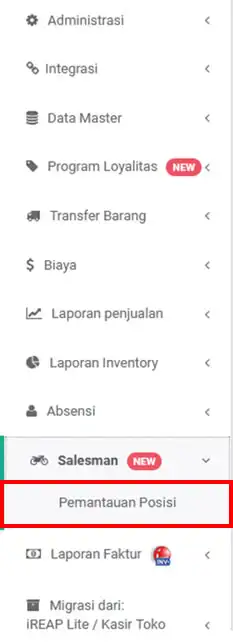 Menu pemantauan posisi salesman di aplikasi kasir android iREAP POS PRO