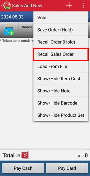 Recall sales order menu in mobile cashier iREAP PRO