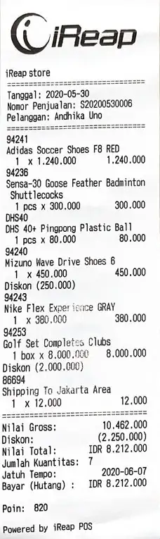 Sales transaction receipt using receivables payment method or sales credit period