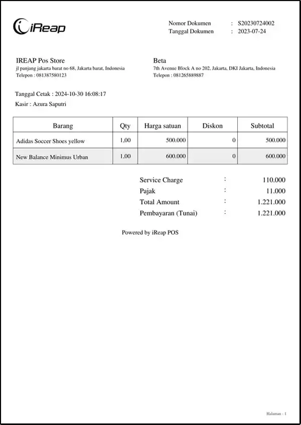 Tampilan struk dengan ukuran A4 di aplikasi kasir android iREAP POS PRO