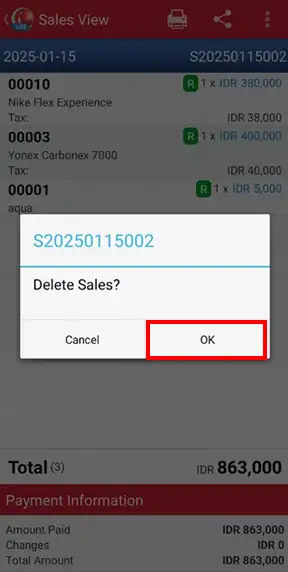 Confirm delete document sales transaction in mobile pos iREAP Lite