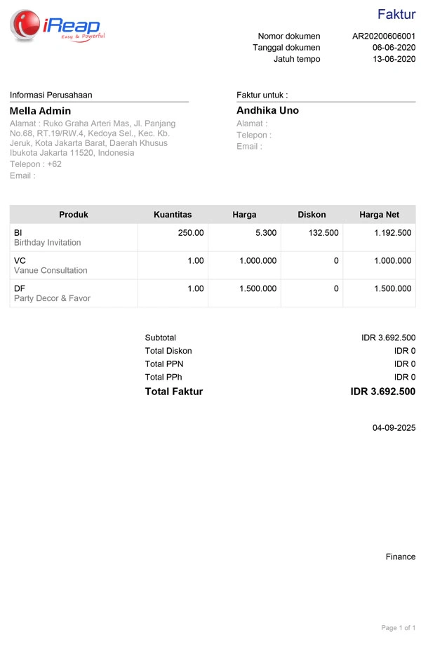 Contoh Hasil Print Faktur Penjualan Menggunakan iREAP Invoice