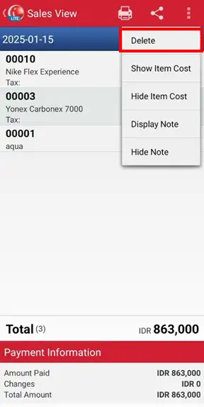 Delete sales transaction documents in mobile pos iREAP Lite