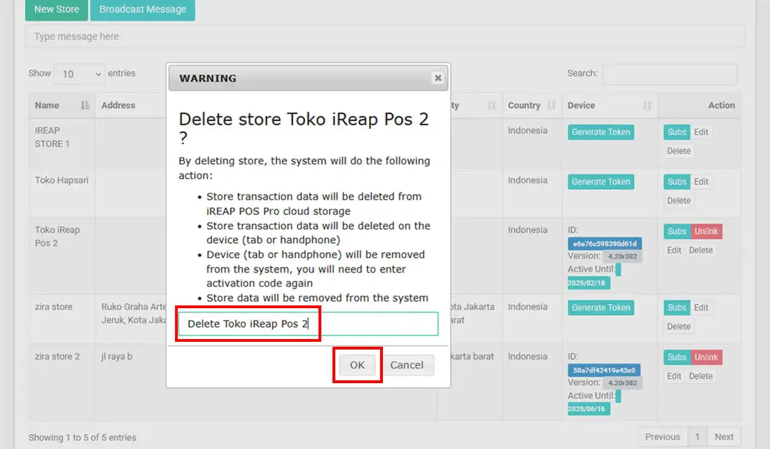 Type delete store in iREAP POS PRO Mobile