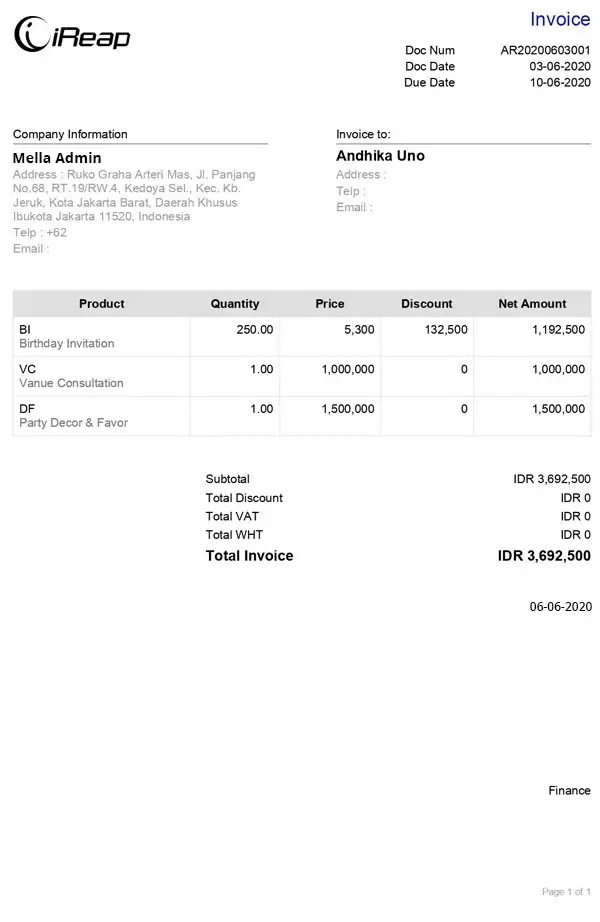 Example Receipt Invoice Using iREAP Invoice