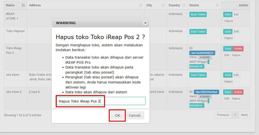 Hapus toko iREAP POS PRO web admin