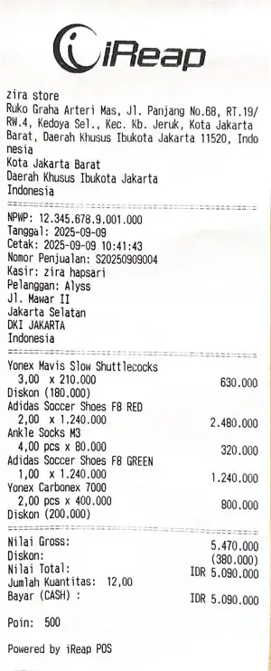 80 mm sales receipt results using a Bluetooth printer