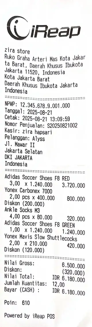 Sales receipt results using a Bluetooth printer