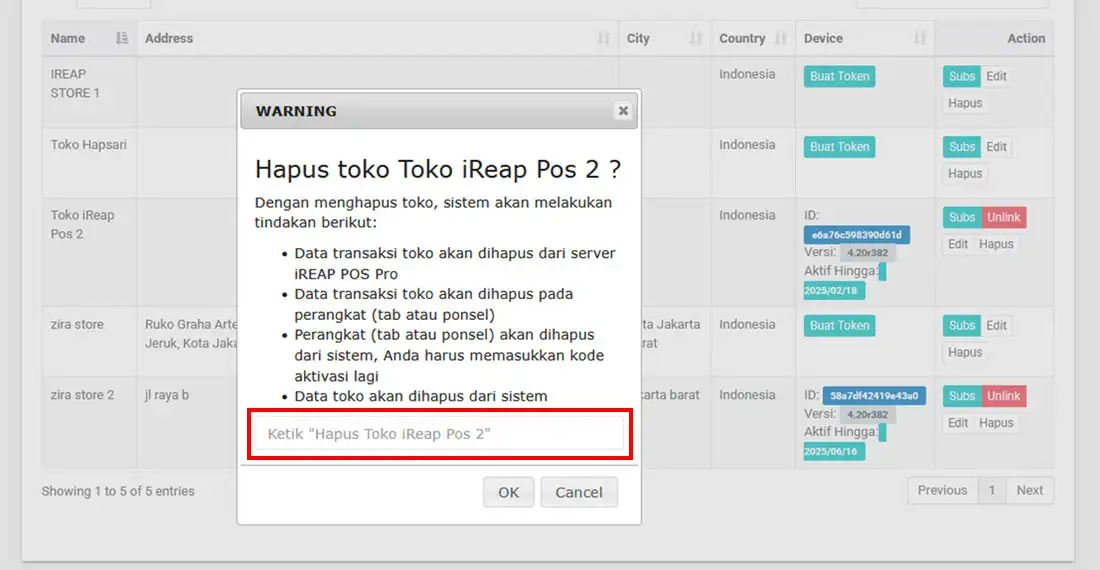 Ketik hapus toko iREAP POS PRO web admin