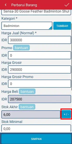 Klik adjust stock perbarui barang iREAP Pro mobile