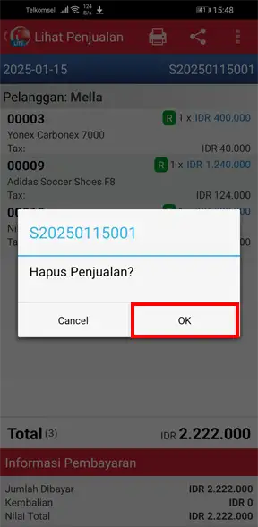 konfirmasi hapus document transaksi penjualan di aplikasi kasir iREAP Lite