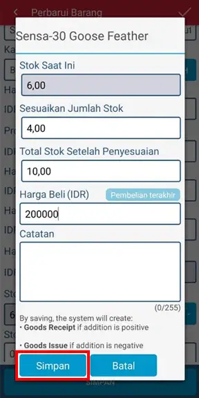 Contoh penambahan stok di iREAP Pro mobile