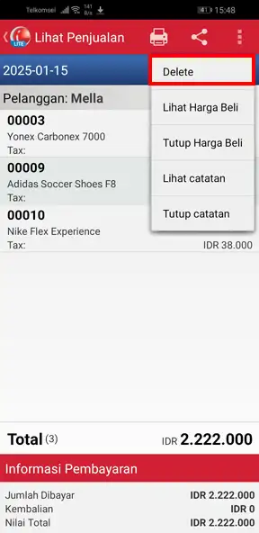 Menghapus dokumen transaksi penjualan di aplikasi kasir iREAP Lite
