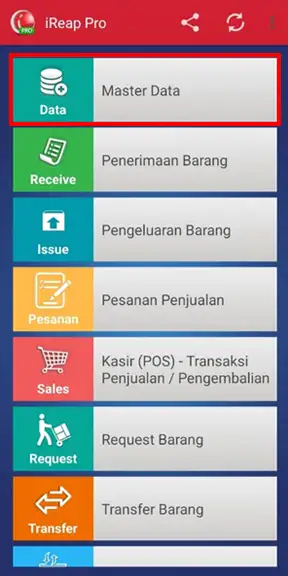 Menu master data iREAP Pro mobile