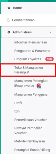 Menu toko manajemen perangkat iREAP POS PRO web admin