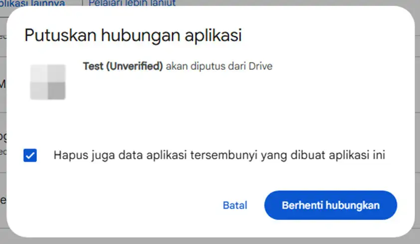 Notifikasi konfirmasi berhenti menghubungkan google drive dari ireap lite