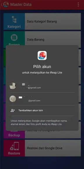 Pilih akun untuk backup data iREAP Lite ke google drive