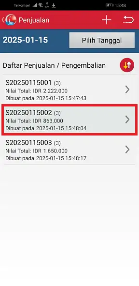 Pilih dokumen transaksi penjualan yang inging dihapus di aplikasi kasir iREAP Lite
