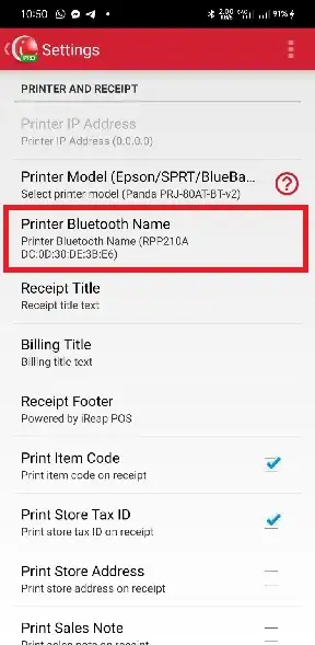 selecting the bluetooth printer