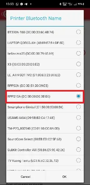 selecting the bluetooth printer